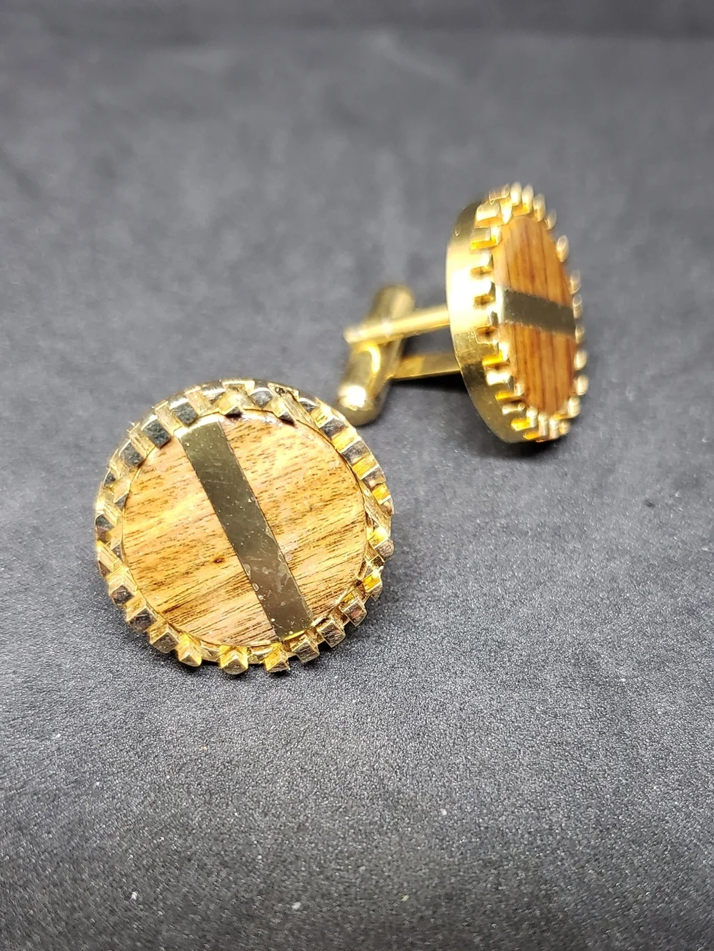 Gold-Tone Wood Inlay Cufflinks - Round Men's Accessory